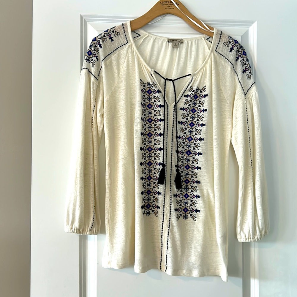 Lucky Brand Cream Blouse with Navy & Purple Embroidery